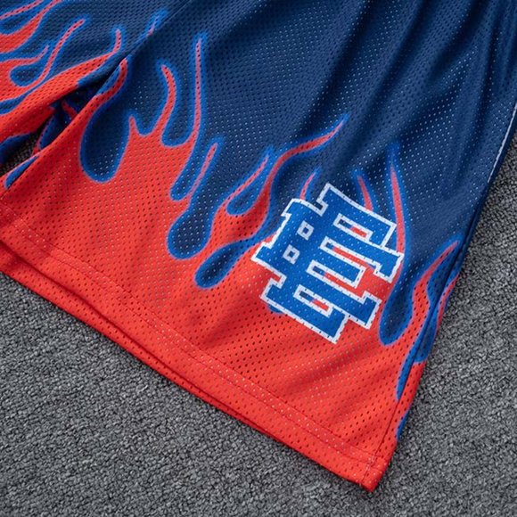 Eric Emanuel EE logo Red Flame Print Casual Blue Sports Shorts - Picture 12 of 12